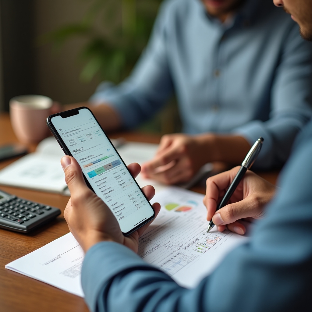 Mână care calculează costul per click al unei reclame folosind telefonul și un caiet de notițe