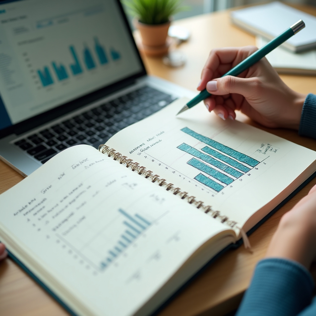 Notebook cu grafic desenat de mână comparând rata de click a două reclame