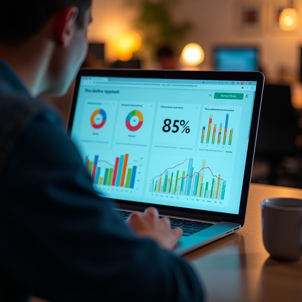 Ecran de laptop afișând un raport din Meta Ads Manager cu coloane de CPC și CTR