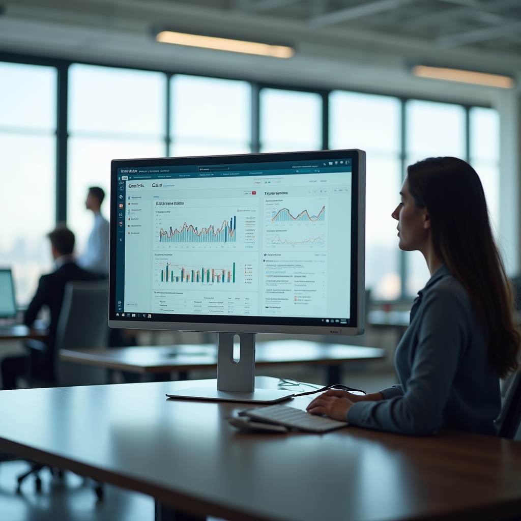 Ecran cu tabloul de bord al unei campanii Google Ads deschis pe un monitor de birou